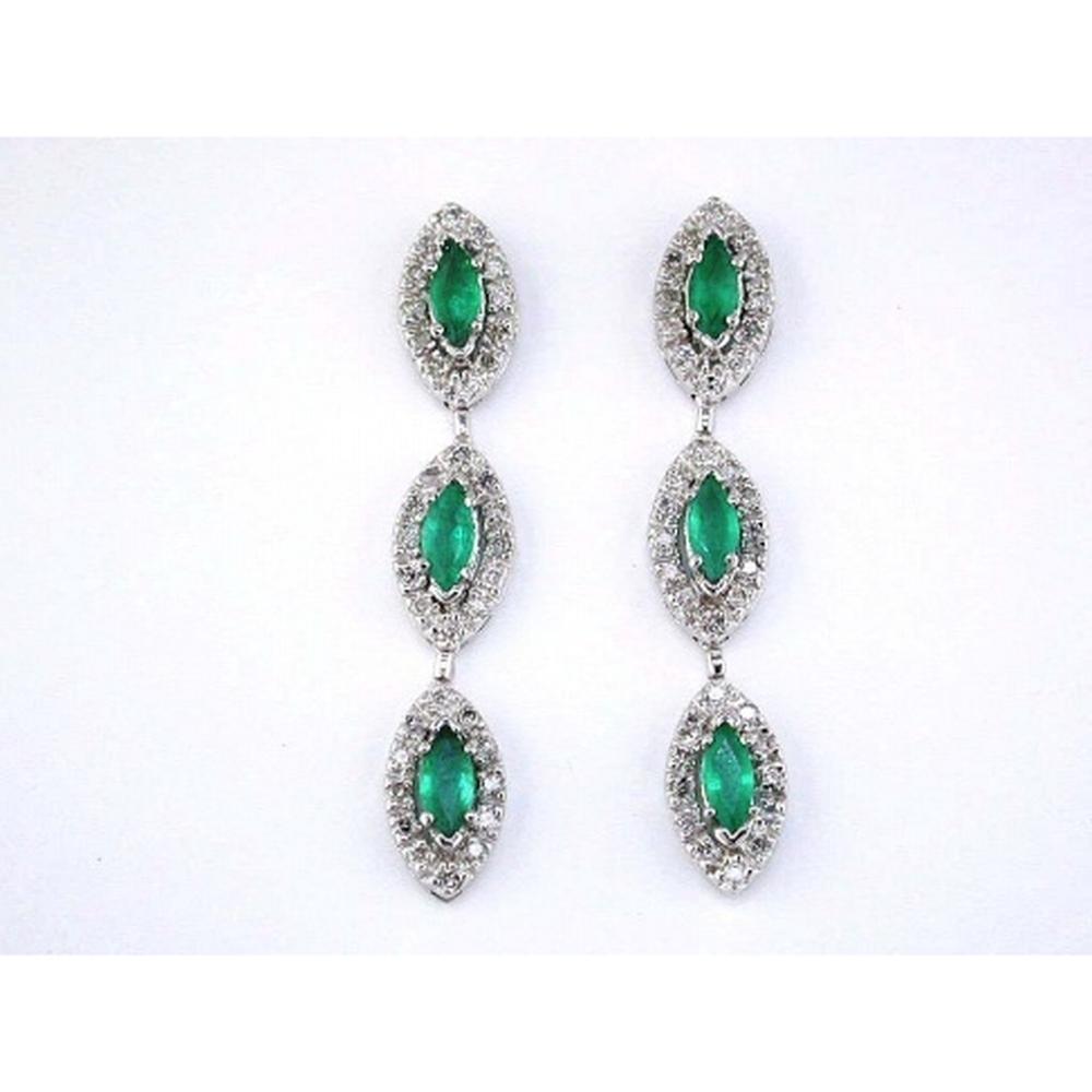 14K White Gold Marquise Emerald and Round Diamond Drop Earrings - 2.05 Carats Total Emerald Weight