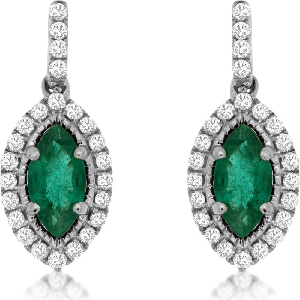 14K White Gold Marquise Emerald Drop Earrings with Diamond Halo and Milgrain Detailing - 0.68 Carat Total Emerald Weight and 0.30 Carat Total Diamond Weight - Royal Jewelry
