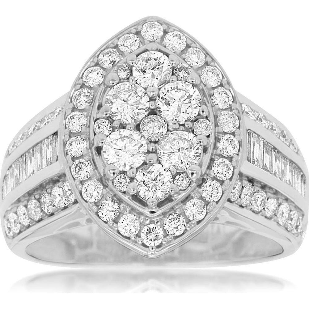 14K White Gold Marquise Halo Cluster Ring with Baguette and Round Diamonds - 1.75 Carat Total Diamond Weight - Royal Jewelry