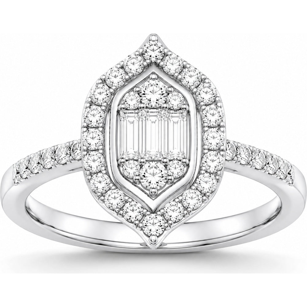 14K White Gold Marquise Halo Fashion Ring with Baguette and Round Diamonds - 0.44 Carat Total Diamond Weight by Auriventus
