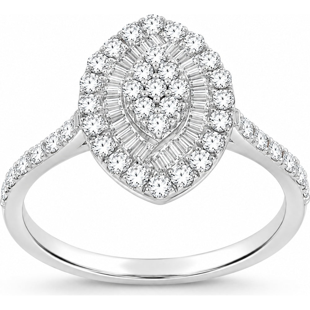 14K White Gold Marquise Halo Fashion Ring with Baguette and Round Diamonds - 0.91 Carat Total Diamond Weight by Auriventus