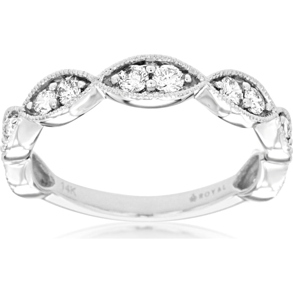 14K White Gold Marquise Motif Wedding Band with Milgrain Detail and Prong-Set Round Diamonds - 0.50 Carat Total Diamond Weight - Royal Jewelry