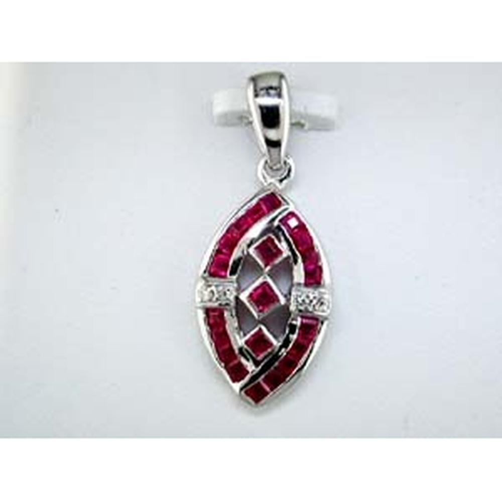 14K White Gold Marquise Pendant with Channel-Set Princess Cut Rubies (0.72ct) and Round Diamond Accents (0.03ct) - Royal Jewelry