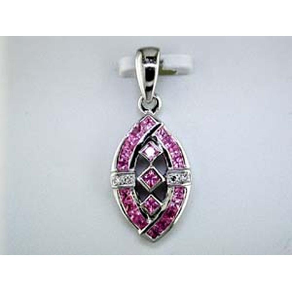 14K White Gold Marquise Pendant with Princess-Cut Pink Sapphires and Round Diamond Accents - 0.72 Carat Total Sapphire Weight, 0.03 Carat Diamond - Royal Jewelry