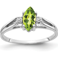 14K White Gold Marquise Peridot and Diamond Ring with Faceted Cut Stones - 0.58 Carat Peridot and 0.02 Carat Diamond Weight by Monteluci Fine Jewelry