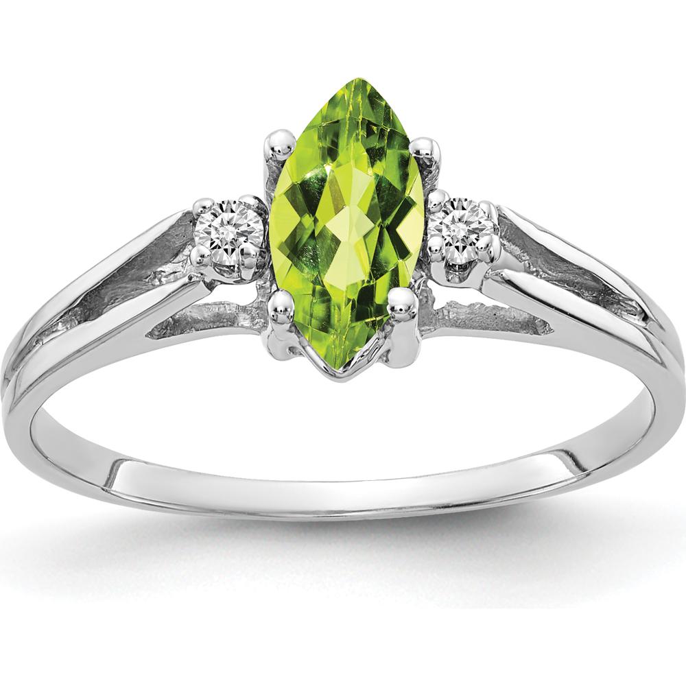 14K White Gold Marquise Peridot and Diamond Ring with Faceted Cut Stones - 0.58 Carat Peridot and 0.02 Carat Diamond Weight by Monteluci Fine Jewelry