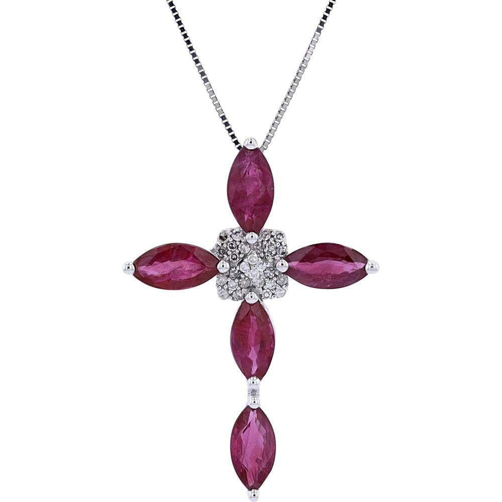 14K White Gold Marquise Ruby and Diamond Cluster Cross Pendant - 0.07 Carats Total Diamond Weight