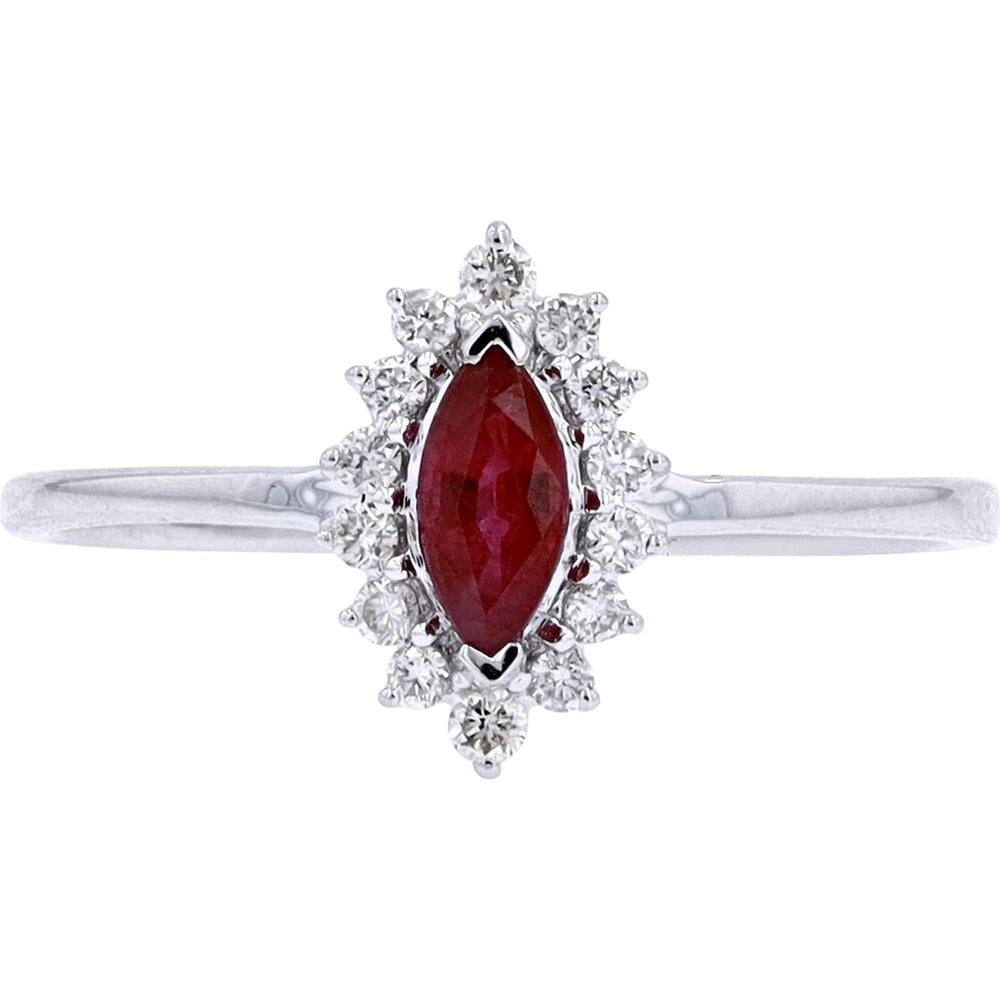 14K White Gold Marquise Ruby Ring with Round Diamond Halo - 0.21 Carats Ruby and 0.13 Carats Total Diamond Weight