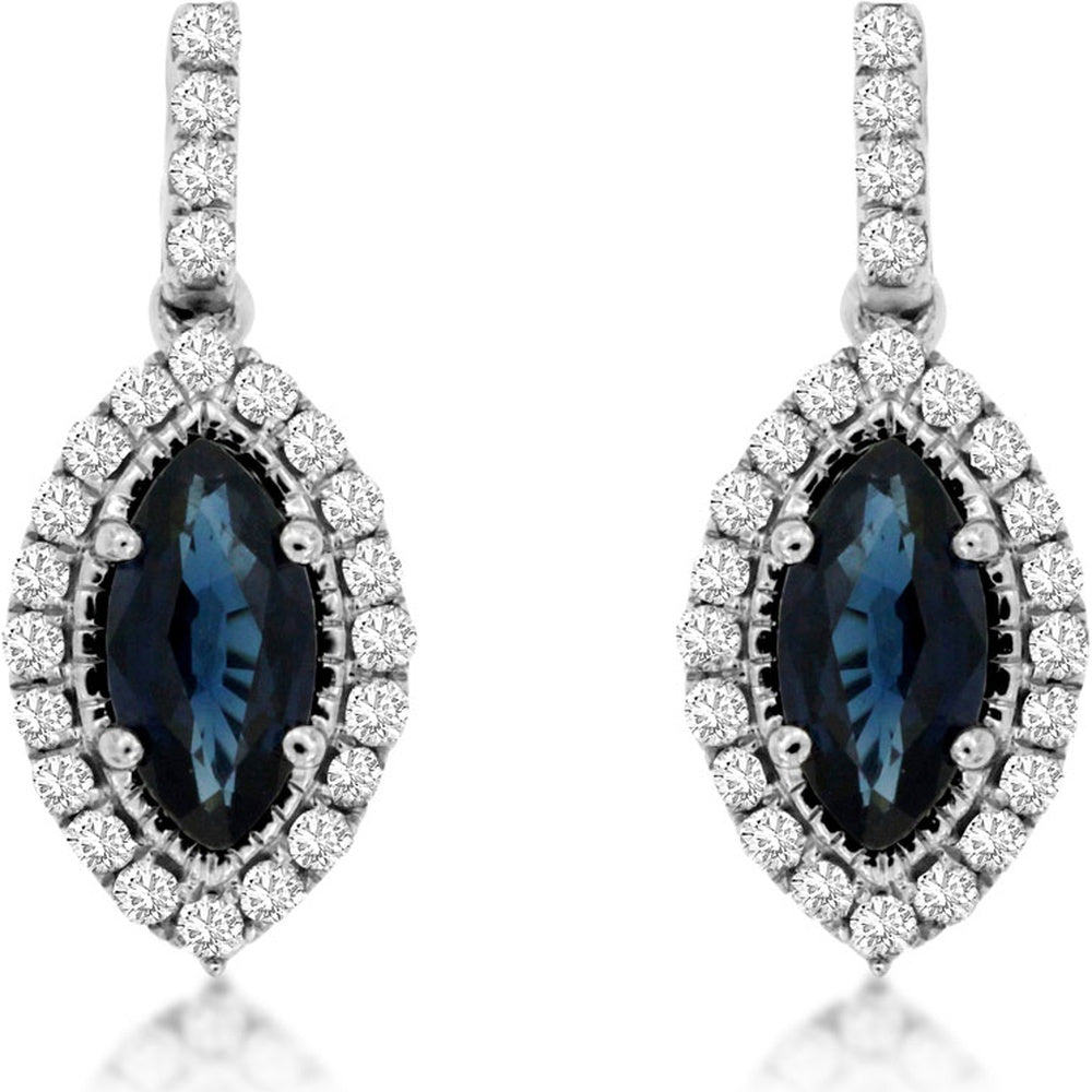 14K White Gold Marquise Sapphire and Diamond Halo Drop Earrings - 0.90 Carat Total Sapphire Weight and 0.30 Carat Total Diamond Weight - Royal Jewelry