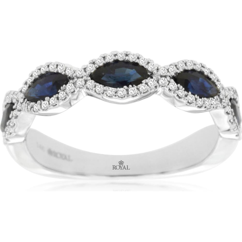 14K White Gold Marquise Sapphire and Diamond Ring with 0.85 Carat Total Sapphire Weight and 0.22 Carat Total Diamond Weight - Royal Jewelry