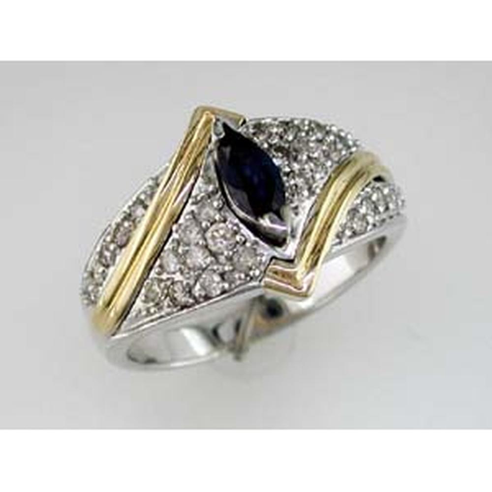 14K White Gold Marquise Sapphire & Round Diamond Ring - 1.00 Carats Total Gem Weight