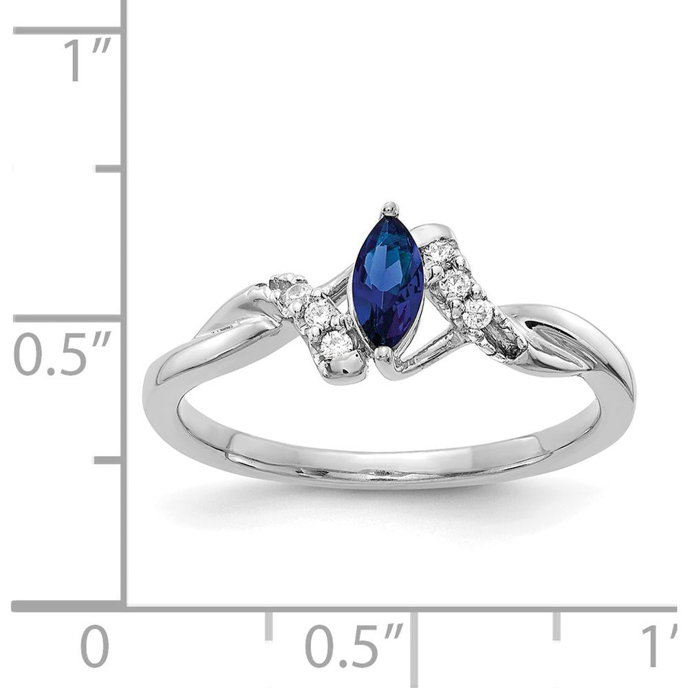 14K White Gold Marquise Sapphire and Round Diamond Ring with Rhodium Plating - 0.34 Carat Sapphire and 0.06 Carat Total Diamond Weight by 0