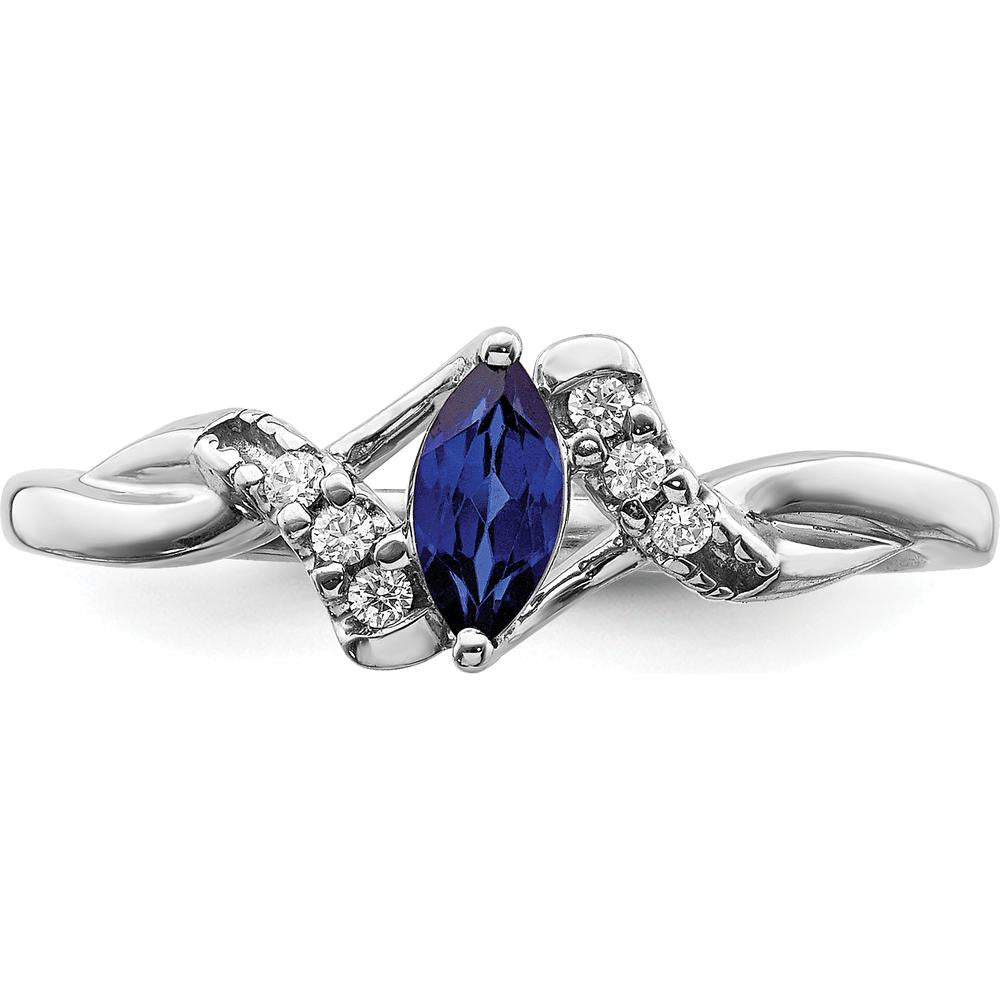 14K White Gold Marquise Sapphire and Round Diamond Ring with Rhodium Plating - 0.34 Carat Sapphire and 0.06 Carat Total Diamond Weight by 0