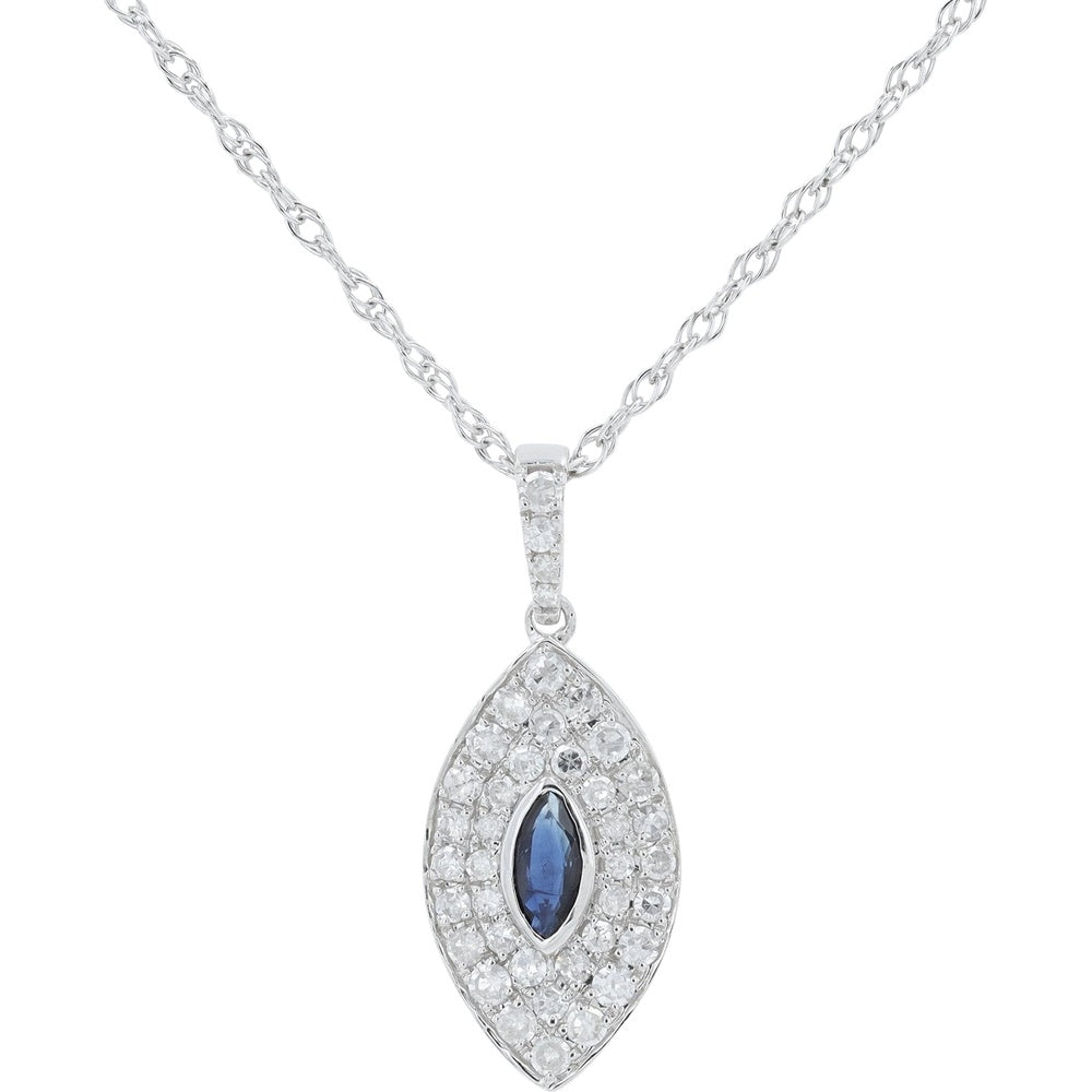 14K White Gold Marquise Sapphire Pendant with Diamond Halo and Diamond-Accented Bail - 0.15 Carat Sapphire and 0.25 Carat Total Diamond Weight