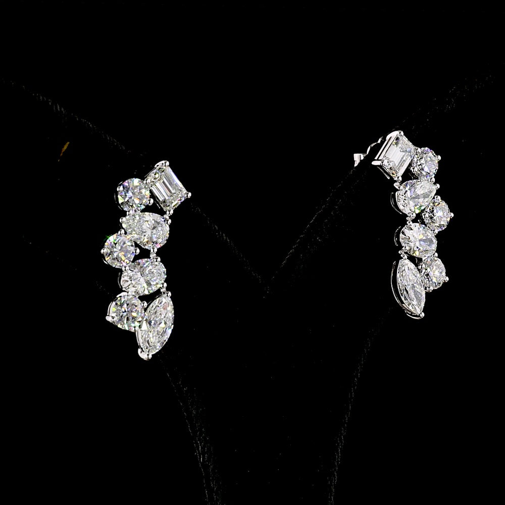 14K White Gold Marquise Shape Crawler Earrings with Multi-Cut Lab Diamonds - 6.01 Carat Total Diamond Weight, E-F VS - Covaloro Fine Jewelry