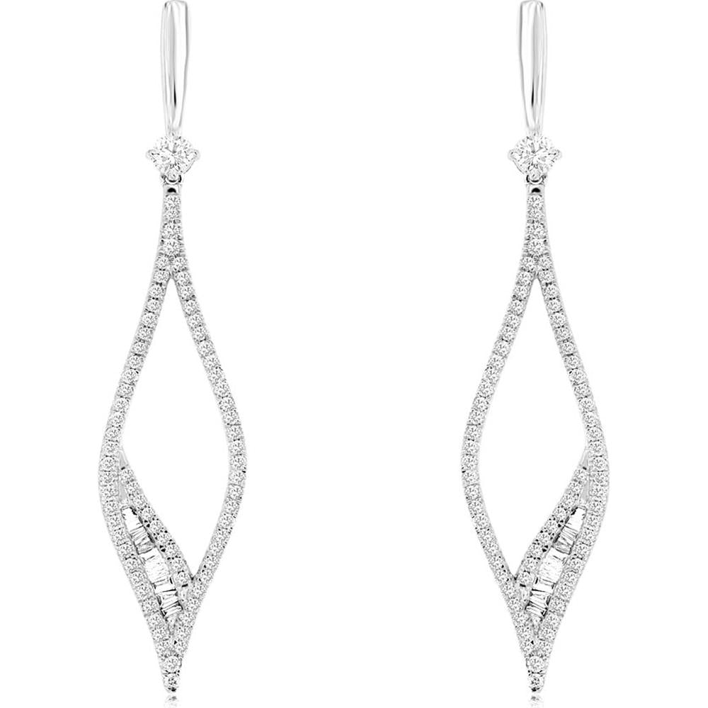 14K White Gold Marquise-Shape Diamond Drop Earrings with Pavé Round and Baguette Cut Diamonds - 0.95 Carat Total Diamond Weight - Royal Jewelry
