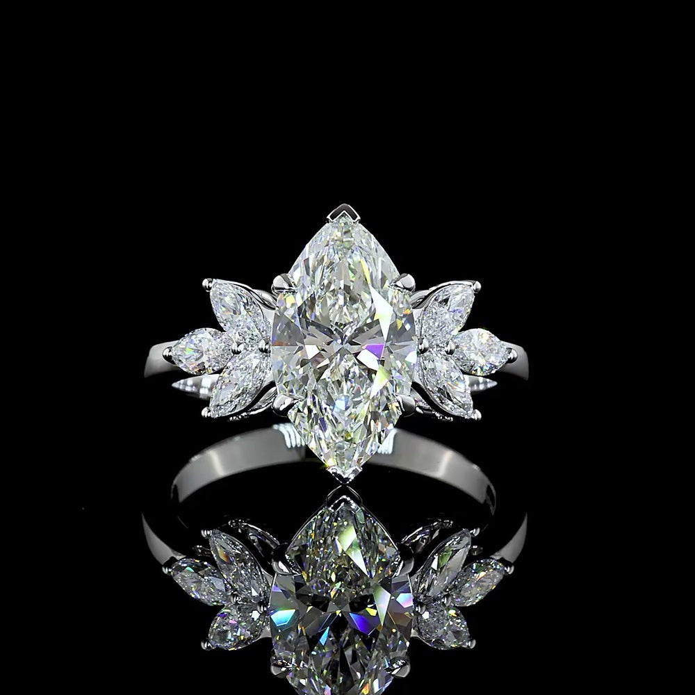 14K White Gold Marquise Shape Ring with 2.54 Carats E VVS2 Center Lab Diamond and 0.58 Carats Side Marquise Lab Diamonds - 3.12 Carats Total Diamond Weight - Covaloro Fine Jewelry