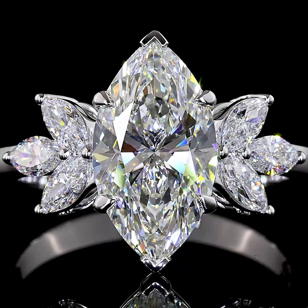 14K White Gold Marquise Shape Ring with 2.54 Carats E VVS2 Center Lab Diamond and 0.58 Carats Side Marquise Lab Diamonds - 3.12 Carats Total Diamond Weight - Covaloro Fine Jewelry