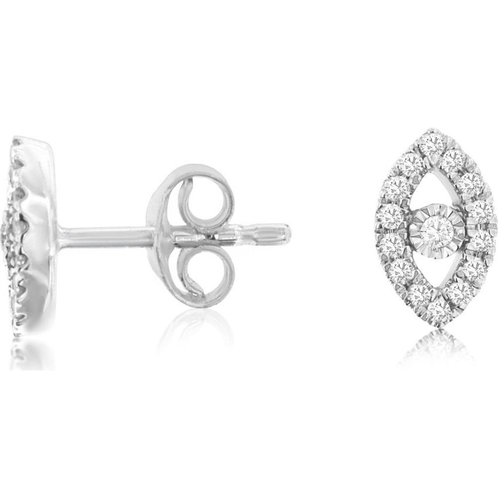 14K White Gold Marquise-Shaped Halo Stud Earrings with Round Center and Accent Diamonds - 0.13 Carat Total Diamond Weight - Royal Jewelry