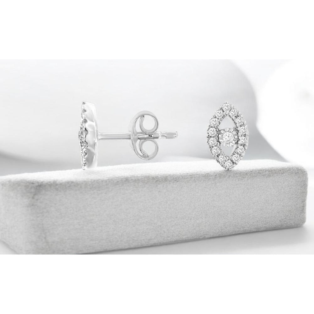 14K White Gold Marquise-Shaped Halo Stud Earrings with Round Center and Accent Diamonds - 0.13 Carat Total Diamond Weight - Royal Jewelry