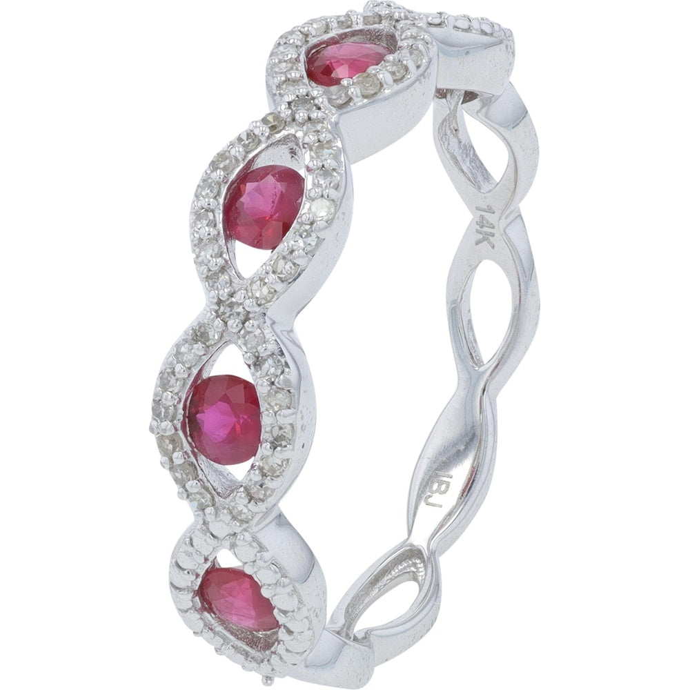 14K White Gold Marquise-Shaped Ruby Band with Diamond Halo Accents - 0.13 Carat Total Diamond Weight