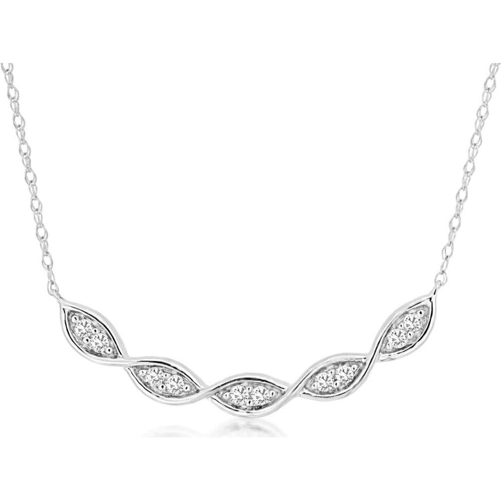 14K White Gold Marquise-Shaped Twist Necklace with Pavé Set Round Diamonds - 0.13 Carat Total Diamond Weight - Royal Jewelry