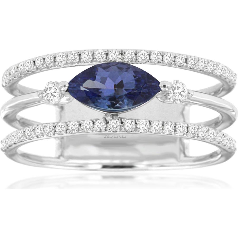 14K White Gold Marquise Tanzanite and Diamond Split Shank Ring - 0.53 Carat Tanzanite and 0.26 Carat Total Diamond Weight - Royal Jewelry