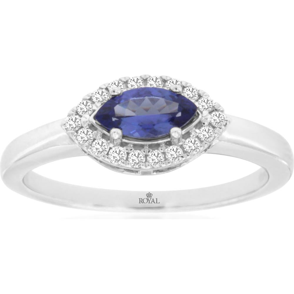 14K White Gold Marquise Tanzanite Halo Ring with Round Diamonds - 0.35 Carat Tanzanite and 0.14 Carat Diamond Weight - Royal Jewelry