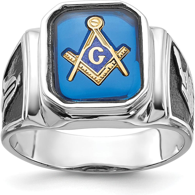14K White Gold Masonic Ring with 12x10mm Octagon Imitation Blue Spinel and Black Enamel Detailing by Monteluci Fine Jewelry