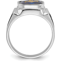 14K White Gold Masonic Ring with 12x10mm Octagon Imitation Blue Spinel and Black Enamel Detailing by Monteluci Fine Jewelry