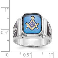 14K White Gold Masonic Ring with 12x10mm Octagon Imitation Blue Spinel and Black Enamel Detailing by Monteluci Fine Jewelry