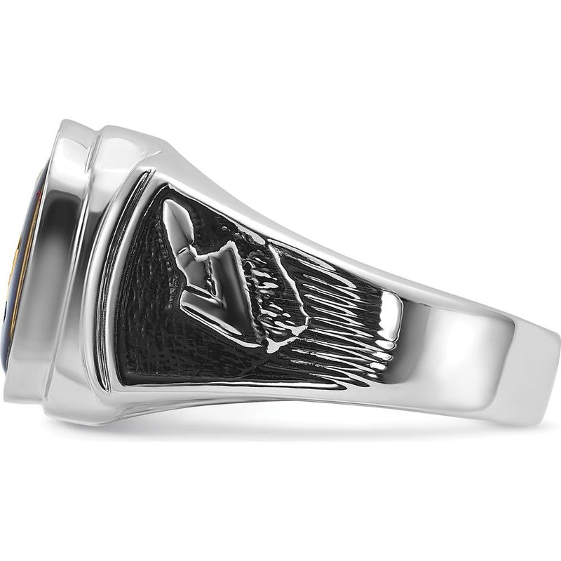 14K White Gold Masonic Ring with 12x10mm Octagon Imitation Blue Spinel and Black Enamel Detailing by Monteluci Fine Jewelry