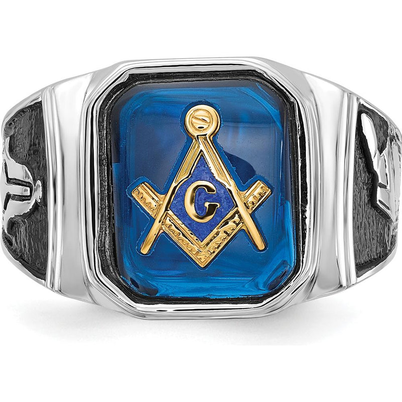 14K White Gold Masonic Ring with 12x10mm Octagon Imitation Blue Spinel and Black Enamel Detailing by Monteluci Fine Jewelry