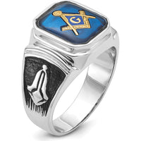 14K White Gold Masonic Ring with 12x10mm Octagon Imitation Blue Spinel and Black Enamel Detailing by Monteluci Fine Jewelry