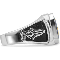 14K White Gold Masonic Ring with 12x10mm Octagon Imitation Blue Spinel and Black Enamel Detailing by Monteluci Fine Jewelry