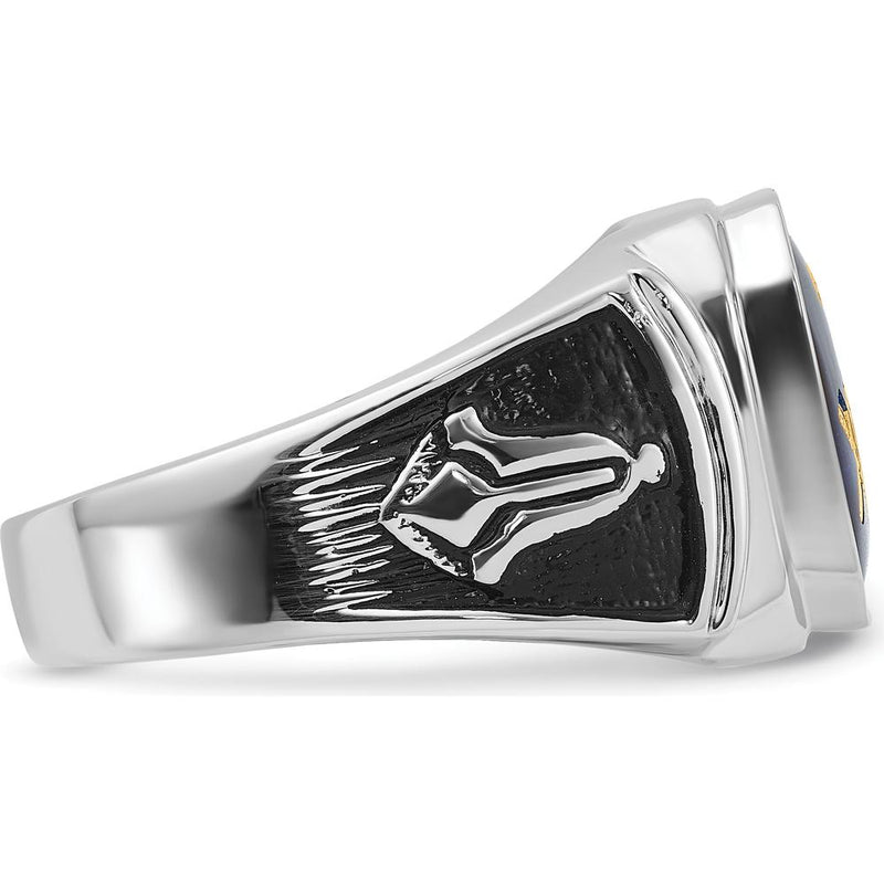 14K White Gold Masonic Ring with 12x10mm Octagon Imitation Blue Spinel and Black Enamel Detailing by Monteluci Fine Jewelry