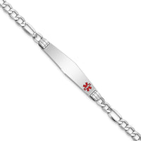 14K White Gold Medical Alert Bracelet with Off-Center Red Enamel - 7" Figaro Link Design by Oro Pregiato