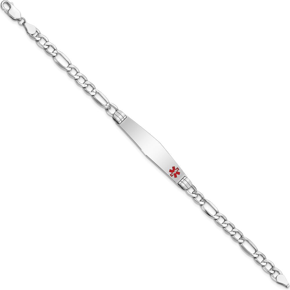 14K White Gold Medical Alert Bracelet with Off-Center Red Enamel - 7" Figaro Link Design by Oro Pregiato