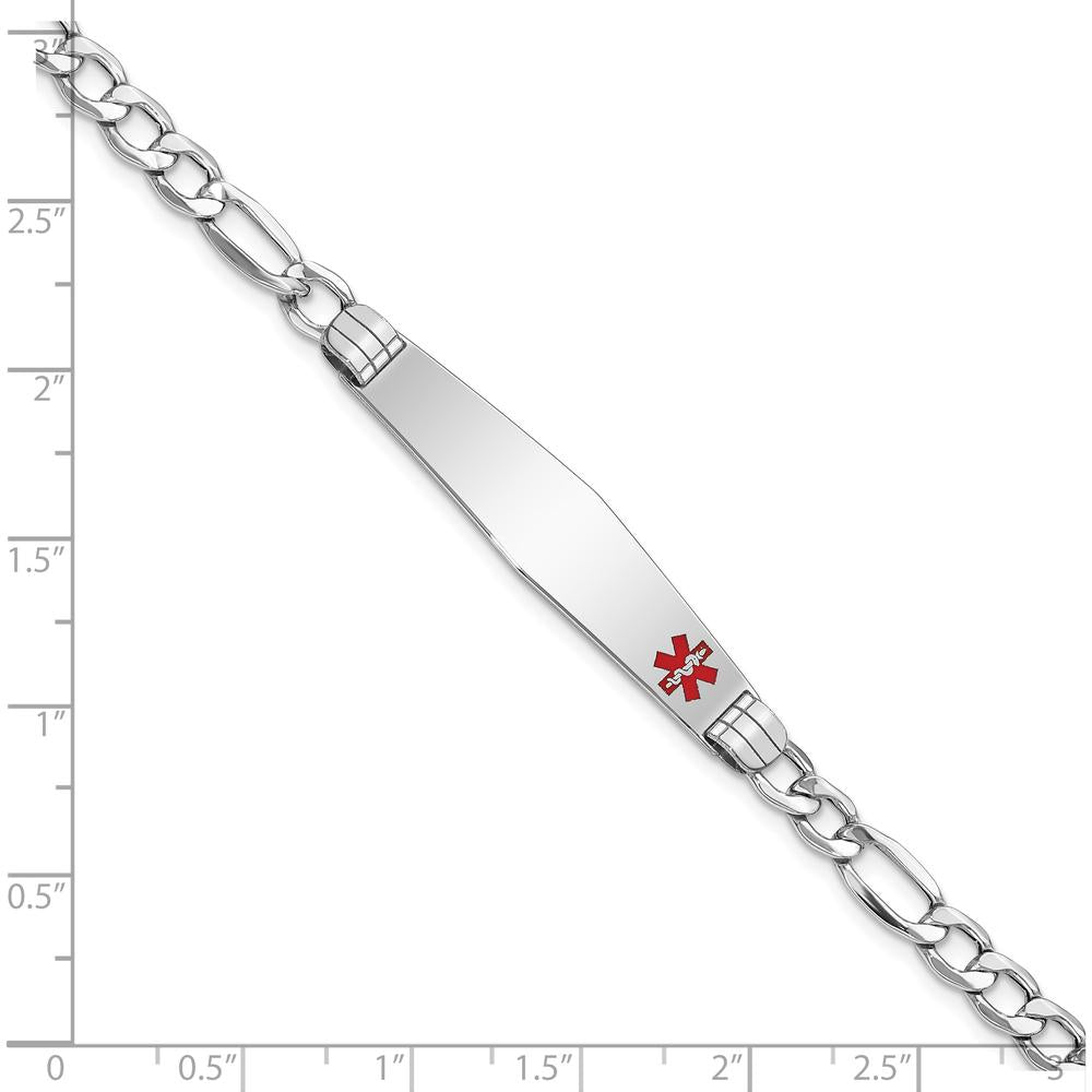 14K White Gold Medical Alert Bracelet with Off-Center Red Enamel - 7" Figaro Link Design by Oro Pregiato