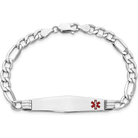 14K White Gold Medical Alert Bracelet with Off-Center Red Enamel - 7" Figaro Link Design by Oro Pregiato