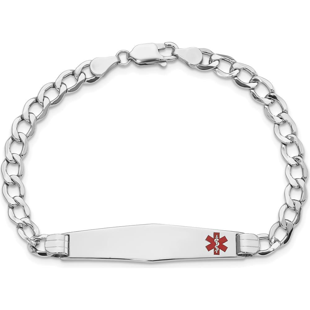 14K White Gold Medical Alert Bracelet with Off-Center Red Enamel Cuban Link - 8" Length by Oro Pregiato
