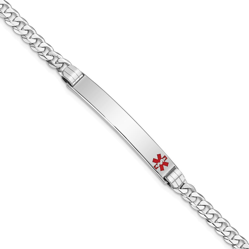 14K White Gold Medical Alert Bracelet with Red Enamel Accent - 8" Curb Link, Engravable by Oro Pregiato