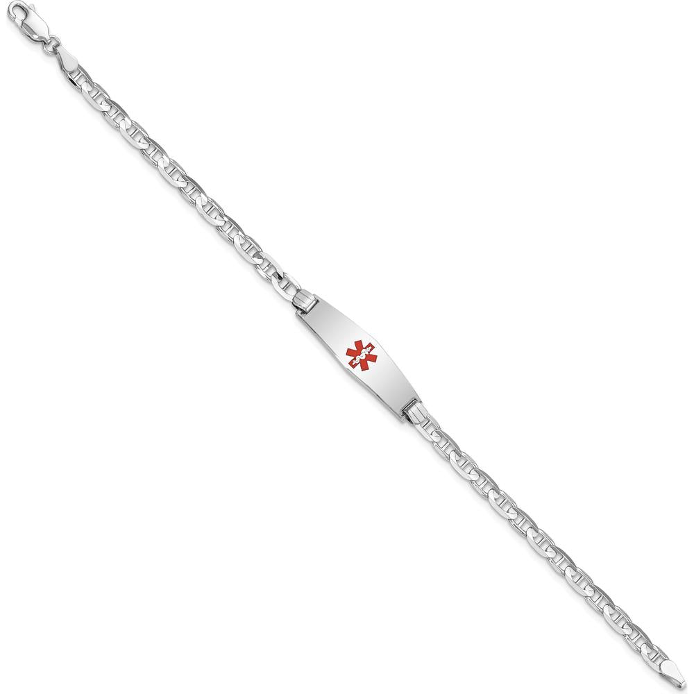 14K White Gold Medical Alert Bracelet with Red Enamel Anchor - 8" Solid Link Chain by Oro Pregiato
