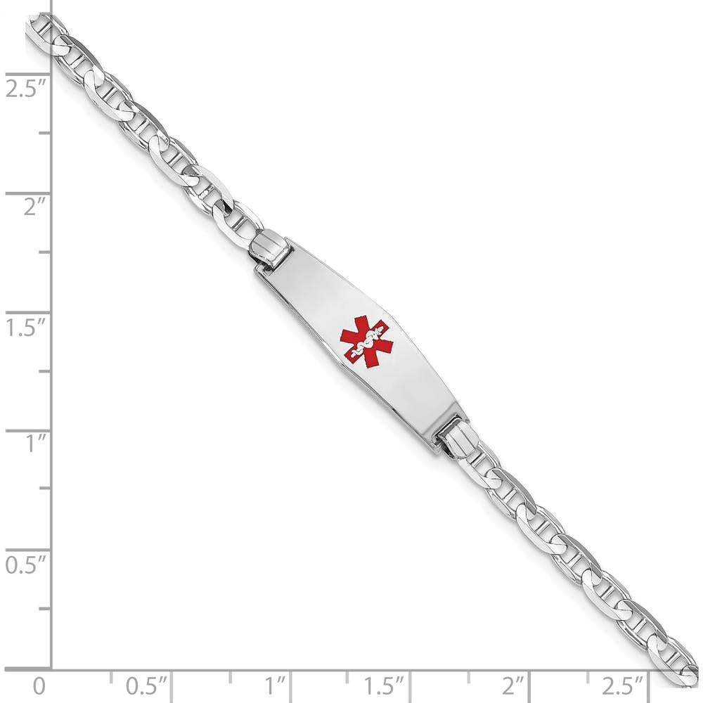 14K White Gold Medical Alert Bracelet with Red Enamel Anchor - 8" Solid Link Chain by Oro Pregiato