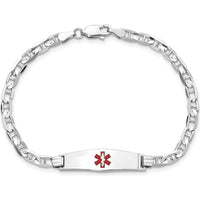 14K White Gold Medical Alert Bracelet with Red Enamel Anchor - 8" Solid Link Chain by Oro Pregiato