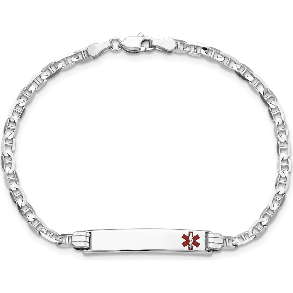 14K White Gold Medical Alert Bracelet with Red Enamel Anchor Charm - 7" by Oro Pregiato