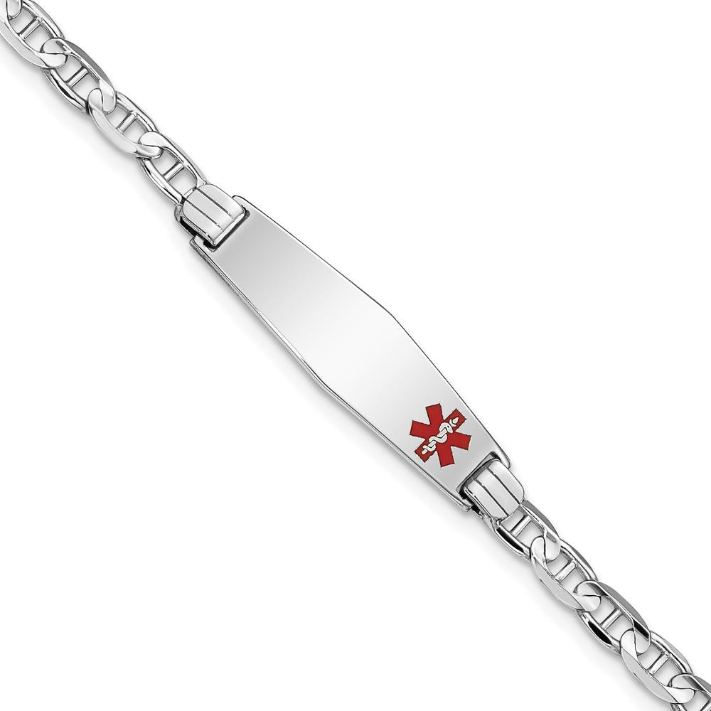 14K White Gold Medical Alert Bracelet with Red Enamel Anchor Link and Engravable Solid Plate Charm by Oro Pregiato
