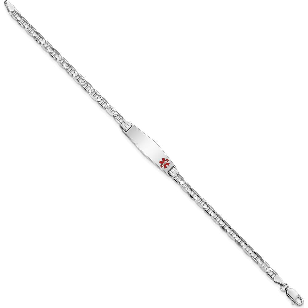 14K White Gold Medical Alert Bracelet with Red Enamel Anchor Link and Engravable Solid Plate Charm by Oro Pregiato