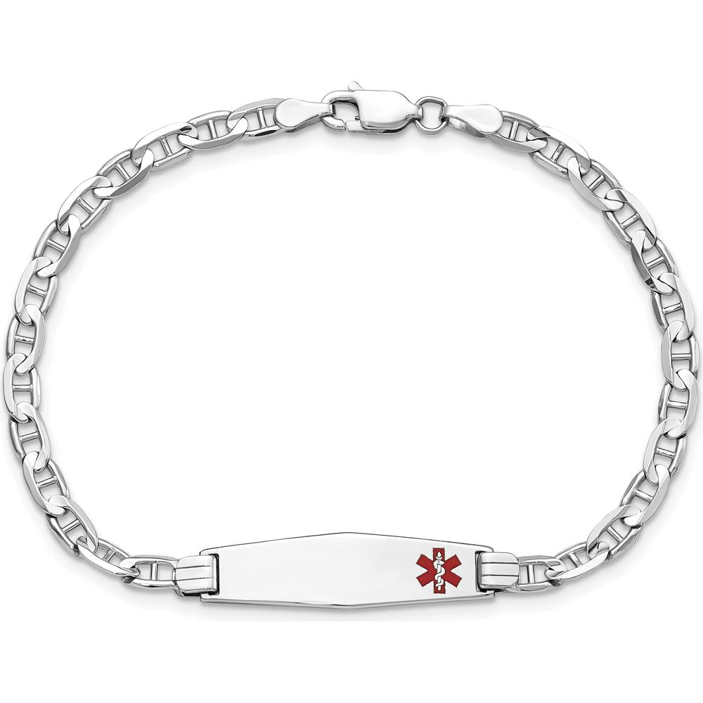 14K White Gold Medical Alert Bracelet with Red Enamel Anchor Link and Engravable Solid Plate Charm by Oro Pregiato
