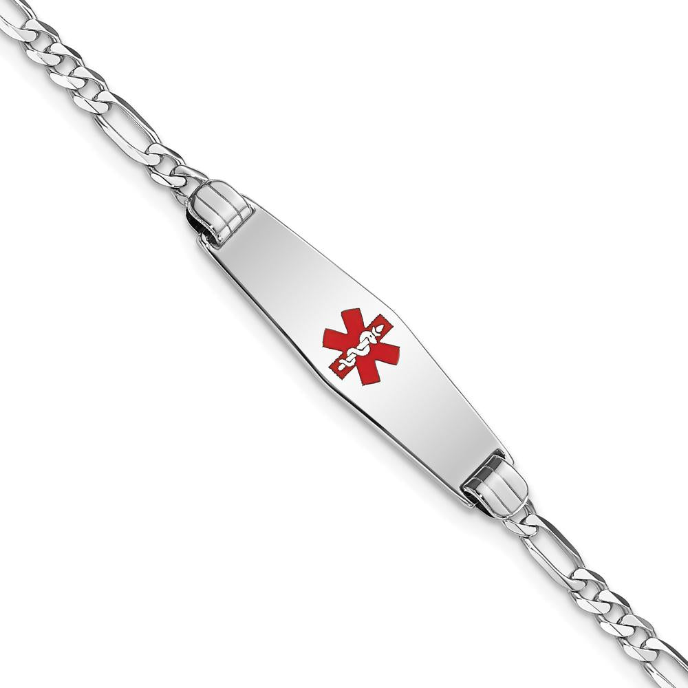 14K White Gold Medical Alert Bracelet with Red Enamel Charm and Figaro Link Chain - 7" Length by Oro Pregiato